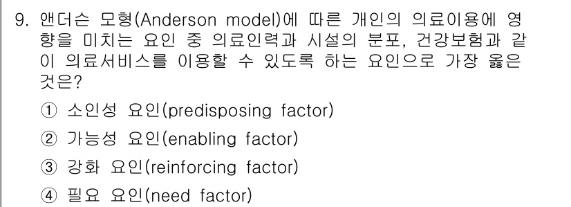 9급_지방직_공무원_서울시_보건행정 2020년 9번 - 앤더슨 모델에 따르면, 개인의 의료 이용에 영향을 미치는 요인은 크게 '... 에 관한 핵심 기출문제