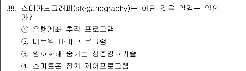 비서_2급 2020년 38번 - '스테가노그래피(steganography)'는 정보를 감추는 기술로, 보... 에 관한 핵심 기출문제