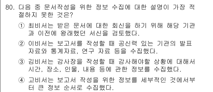 비서_2급 2020년 80번 - 문서 작성에 대한 설명 중에서 4번이 적절하지 않은 이유는 '정보를 세부... 에 관한 핵심 기출문제