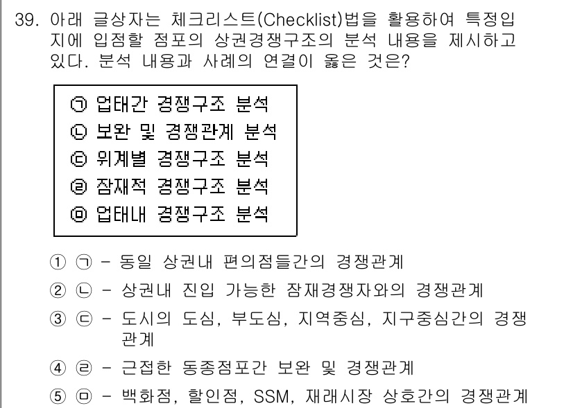 유통관리사_2급 2020년 39번 - 정답 '3'은 도시, 부도심, 지역중심, 지구중심 간의 경쟁관계를 분석하... 에 관한 핵심 기출문제