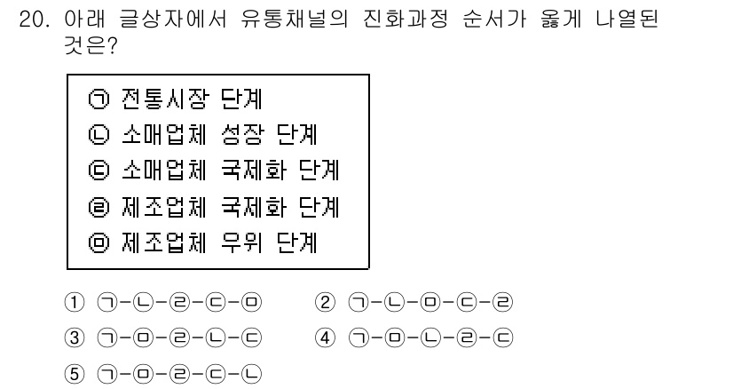 유통관리사_3급 2020년 20번 - 유통채널의 진화 과정에서 일반적으로 전통시장 단계에서 시작하여, 소매업체... 에 관한 핵심 기출문제