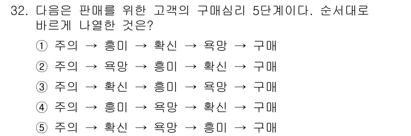 유통관리사_3급 2020년 32번 - 구매 심리는 보통 다음과 같은 단계로 진행됩니다: 1. 주의 → 2. 흥... 에 관한 핵심 기출문제