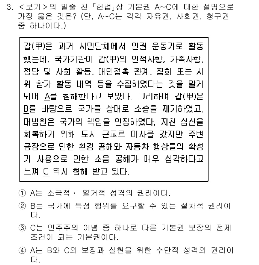 9급_지방직_공무원_서울시_사회(유공자) 2020년 3번 - 주어진 문제에서 정답은 '2'입니다. 이 선택지는 B가 국가에 특정 행위... 에 관한 핵심 기출문제