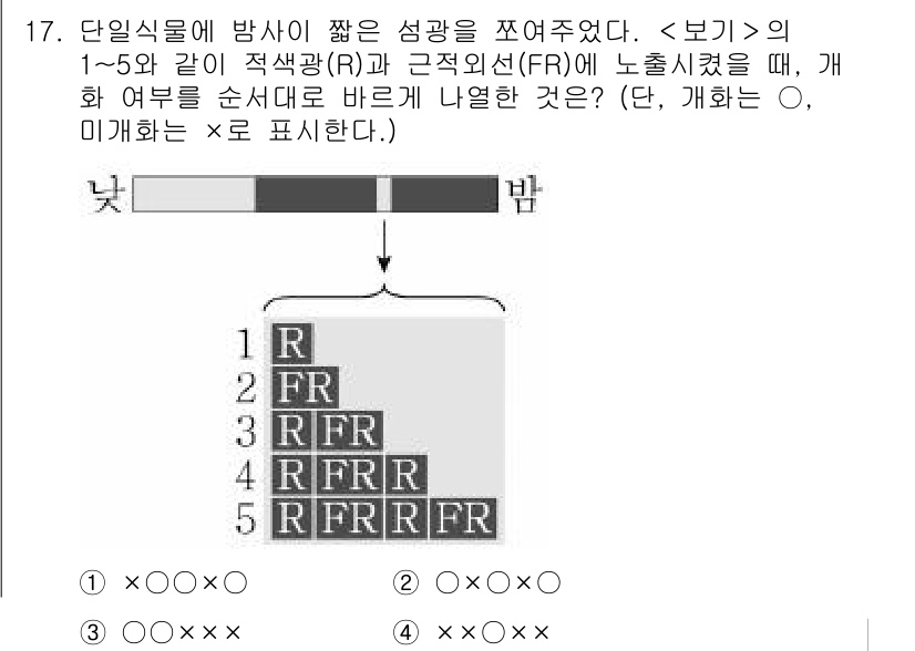 9급_지방직_공무원_서울시_생물 2020년 17번 - 이 문제는 주어진 조건에 따라 적색광(R)과 근적외선(FR)의 배치를 분... 에 관한 핵심 기출문제