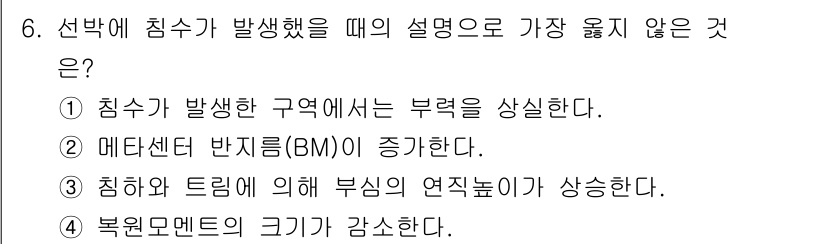 9급_지방직_공무원_서울시_선박일반 2020년 6번 - 정답 '2'는 설명이 맞지 않습니다. 선박에 침수가 발생할 경우 메타센터... 에 관한 핵심 기출문제