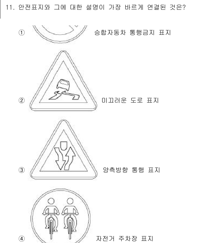 9급_지방직_공무원_서울시_자동차구조원리 2020년 11번 - 정답은 '2'인 이유는 '미끄러운 도로' 표지가 도로의 상태를 경고하기 ... 에 관한 핵심 기출문제