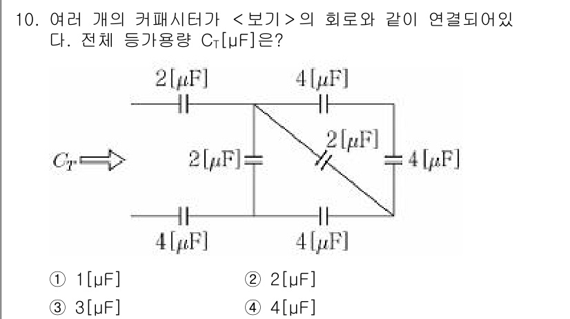 9급_지방직_공무원_서울시_전기이론 2020년 10번 - 주어진 회로에서 각각의 커패시터는 직렬 및 병렬로 연결되어 있습니다. 4... 에 관한 핵심 기출문제