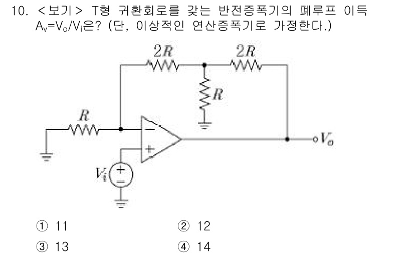 9급_지방직_공무원_서울시_전자공학개론 2020년 10번 - 이 문제에서 주어진 회로의 전압 이득 \( A_v = \frac{V_o}... 에 관한 핵심 기출문제