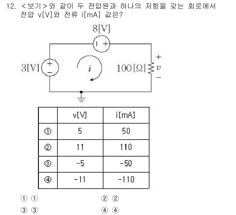 9급_지방직_공무원_서울시_전자공학개론 2020년 12번 - 회로에 두 개의 전압원(8V와 3V)이 직렬로 연결되어 있으며, 이로 인... 에 관한 핵심 기출문제