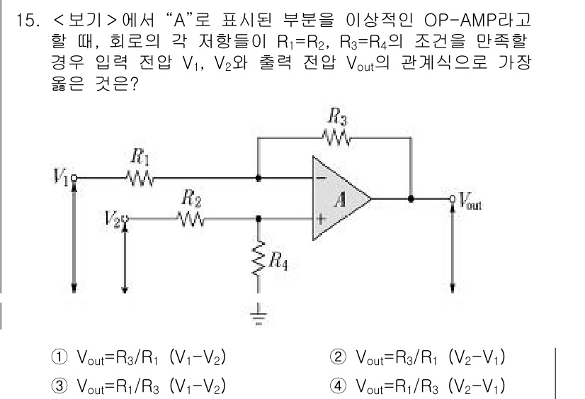 9급_지방직_공무원_서울시_전자공학개론 2020년 15번 - 주어진 회로에서 R1 = R2, R3 = R4 조건을 만족할 때, OP-... 에 관한 핵심 기출문제
