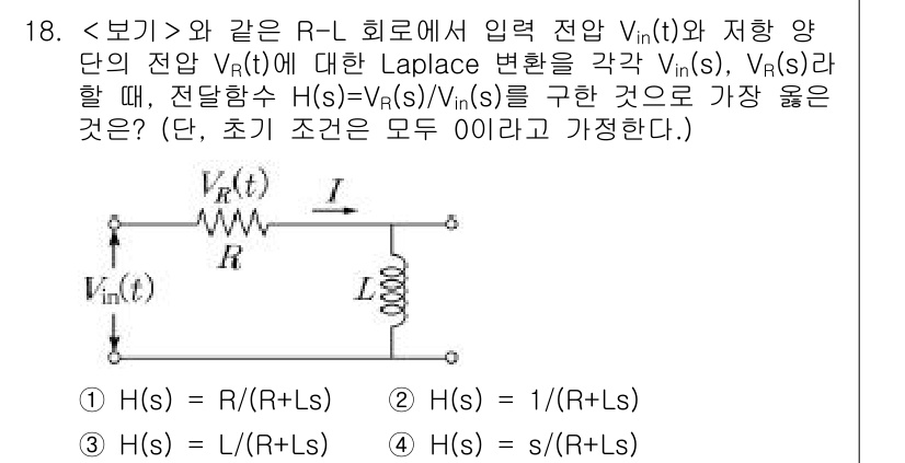 9급_지방직_공무원_서울시_전자공학개론 2020년 18번 - 주어진 R-L 회로에서 입력 전압 \( V_{\text{in}}(t) \... 에 관한 핵심 기출문제
