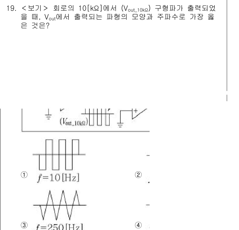 9급_지방직_공무원_서울시_전자공학개론 2020년 19번 - 이 문제는 주어진 회로에서 출력되는 파형의 주파수를 구하는 것입니다. 1... 에 관한 핵심 기출문제