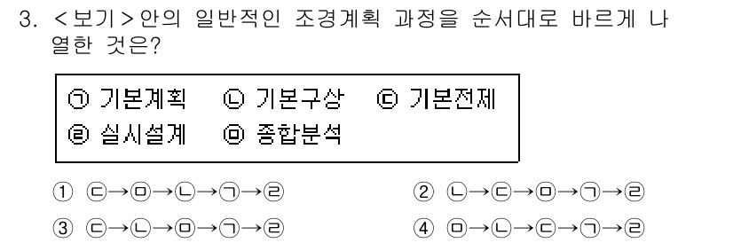 9급_지방직_공무원_서울시_조경계획및생태관리 2020년 3번 - 조경 계획의 일반적인 과정은 기본구상 → 기본계획 → 실시설계 → 종합분... 에 관한 핵심 기출문제