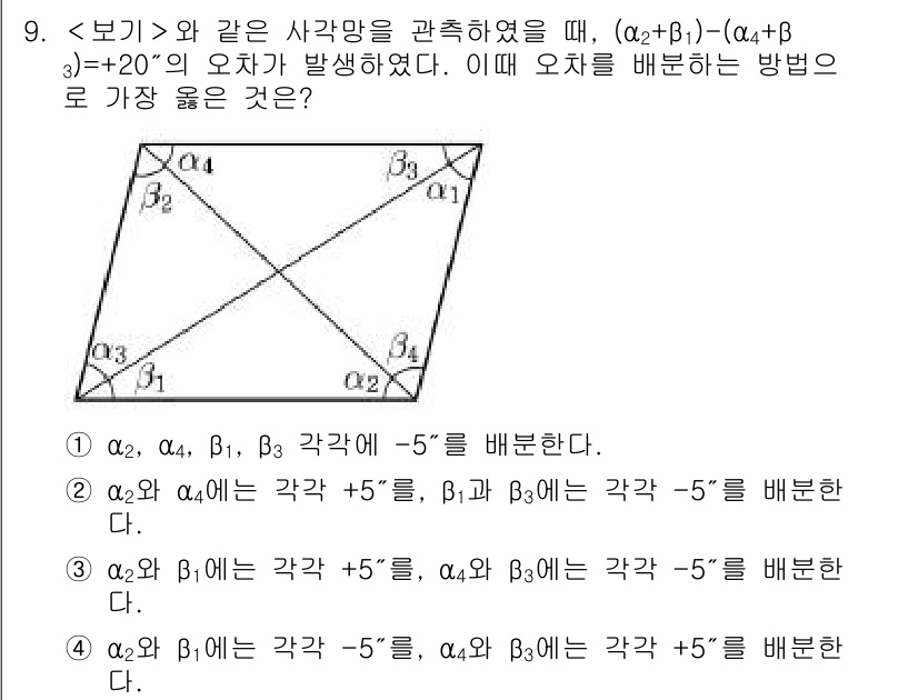 9급_지방직_공무원_서울시_지적측량 2020년 9번 - 문제에서 주어진 각들의 변화량을 분석하면, 곤형 변화로 인해 α2와 β1... 에 관한 핵심 기출문제