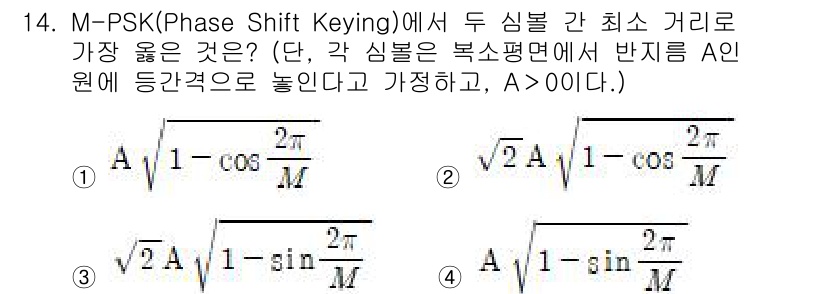 9급_지방직_공무원_서울시_통신이론 2020년 14번 - M-PSK에서 두 신호 간 최소 거리는 신호의 위상 차이에 따라 결정됩니... 에 관한 핵심 기출문제