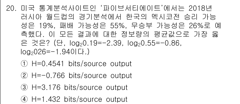 9급_지방직_공무원_서울시_통신이론 2020년 20번 - 주어진 문제는 엔트로피(H) 계산을 통해 정보량의 평균값을 구하는 것입니... 에 관한 핵심 기출문제