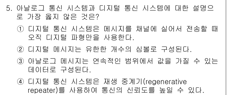 9급_지방직_공무원_서울시_통신이론 2020년 5번 - 주어진 문제에서 '1'이 정답인 이유는 디지털 통신 시스템이 메시지를 채... 에 관한 핵심 기출문제