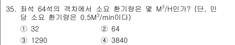 철도차량정비기능장 2017년 35번 - 이 문제에서는 64석의 객차에서 소요 환기량을 계산해야 합니다. 주어진 ... 에 관한 핵심 기출문제