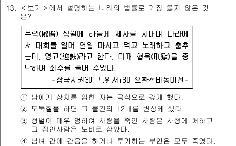 9급_지방직_공무원_서울시_한국사 2020년 13번 - 정답은 '1'입니다. 문제에서 설명하는 법률은 사람의 상처를 입히는 행위... 에 관한 핵심 기출문제