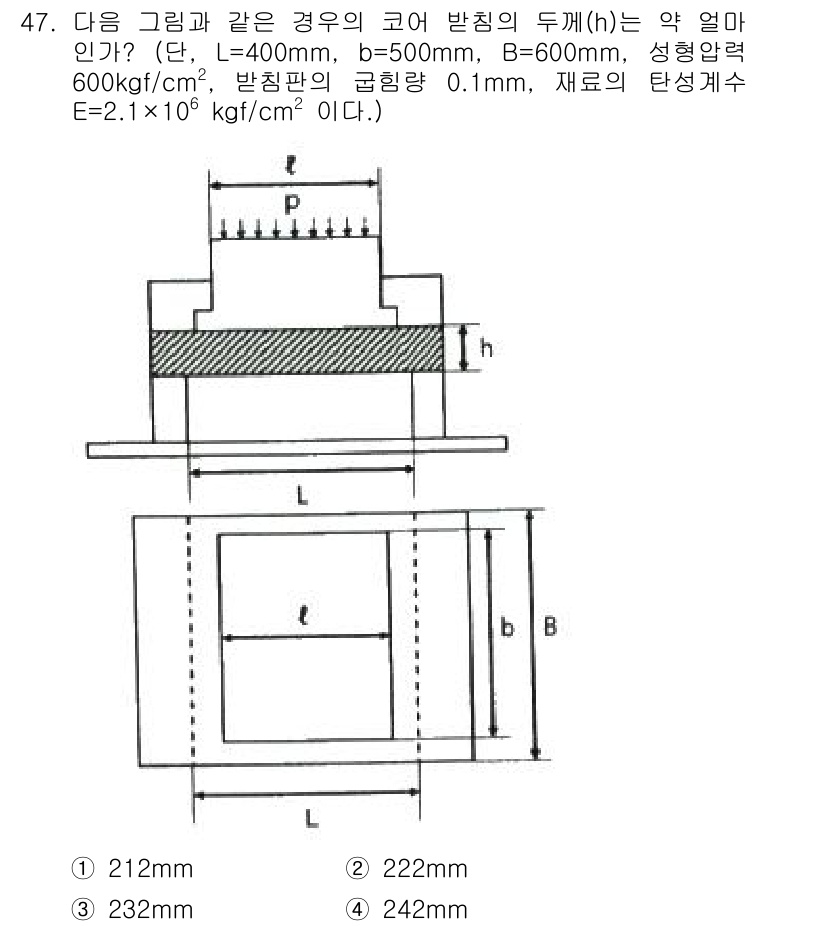 금형제작기능장 2016년 47번 - 주어진 문제에서 코어 반응의 두께(h)를 구하기 위해서는 하중(P), 길... 에 관한 핵심 기출문제