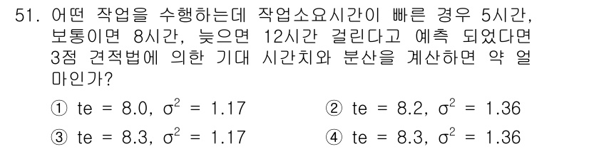 금형제작기능장 2016년 51번 - 이 문제는 예상 시간과 불확실성을 고려하여 3점 견적법을 적용하는 상황입... 에 관한 핵심 기출문제