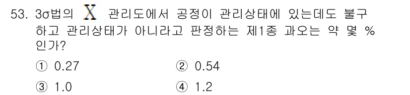 금형제작기능장 2017년 53번 - 3σ 관리도에서 공정이 관리 상태에 있음에도 불구하고 불량으로 판정하는 ... 에 관한 핵심 기출문제