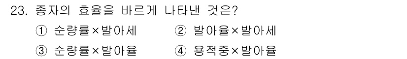 임업종묘기능사 2015년 23번 - 주어진 문제에서 '종자의 효율을 바르게 나타낸 것'은 '순량률 × 발아율... 에 관한 핵심 기출문제