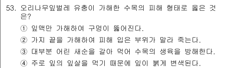 임업종묘기능사 2015년 53번 - 정답인 '4'번은 주로 잎의 임살을 먹는 유충 때문에 잎이 붉게 변색되는... 에 관한 핵심 기출문제