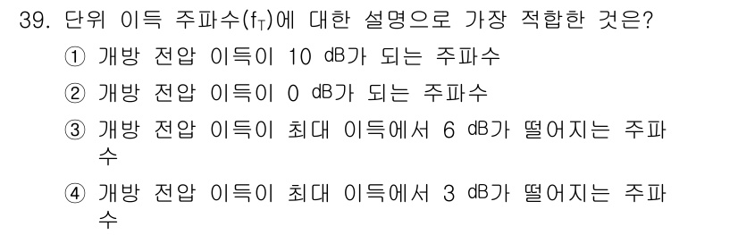 반도체커스텀레이아웃산업기사 2016년 39번 - 단위 이득 주파수(fr)는 주파수가 증가함에 따라 전압 이득이 특정 값을... 에 관한 핵심 기출문제