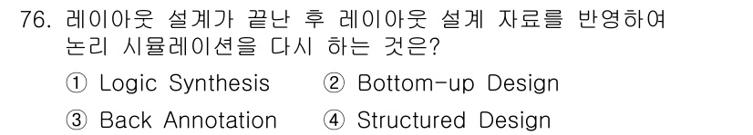 반도체커스텀레이아웃산업기사 2016년 76번 - 정답은 '3. Back Annotation'입니다. Back Annota... 에 관한 핵심 기출문제