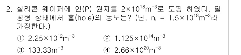 반도체커스텀레이아웃산업기사 2017년 2번 - 주어진 문제에서는 실리콘 웨이퍼에 인(P) 원자를 2×10¹⁸ m⁻³로 ... 에 관한 핵심 기출문제