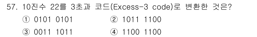 반도체커스텀레이아웃산업기사 2017년 57번 - 10진수 22를 Excess-3 코드로 변환할 때, 각 자리수에 3을 더... 에 관한 핵심 기출문제