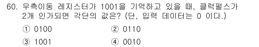 반도체커스텀레이아웃산업기사 2017년 60번 - 우측 이동 레지스터의 연산을 고려할 때, 입력 데이터가 0일 경우 오른쪽... 에 관한 핵심 기출문제