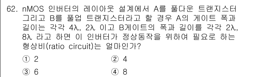 반도체커스텀레이아웃산업기사 2017년 62번 - 주어진 문제에서 A와 B의 트랜지스터 폭을 비교해야 합니다. A의 폭이 ... 에 관한 핵심 기출문제