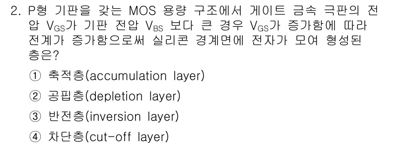 반도체커스텀레이아웃산업기사 2018년 2번 - MOS 구조에서 게이트 전압 \( V_{GS} \)가 기판 전압 \( V... 에 관한 핵심 기출문제