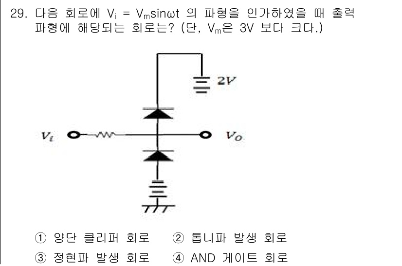 반도체커스텀레이아웃산업기사 2018년 29번 - 이 회로는 입력 파형이 3V보다 큰 경우에 작동하는 클리퍼 회로입니다. ... 에 관한 핵심 기출문제