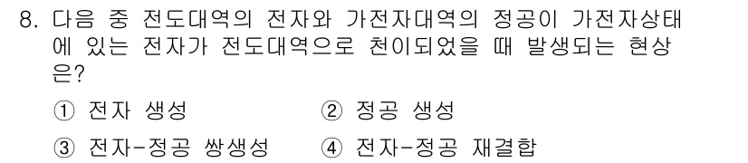 반도체커스텀레이아웃산업기사 2018년 8번 - 전도대역의 전자와 가젯자대역의 정공이 전도대역으로 천이될 때, 전자가 이... 에 관한 핵심 기출문제