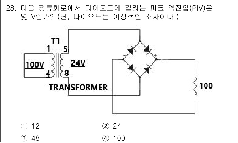 반도체커스텀레이아웃산업기사 2019년 28번 - 주어진 회로에서 변압기 1차 권선 전압은 100V이고, 2차 권선 전압은... 에 관한 핵심 기출문제