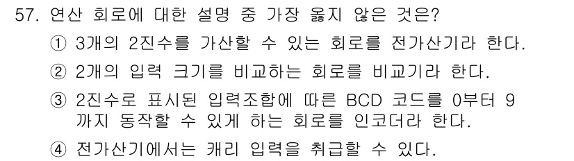 반도체커스텀레이아웃산업기사 2019년 57번 - 정답이 '3'인 이유는 BCD 코드의 표시 범위가 0부터 9까지로 제한되... 에 관한 핵심 기출문제