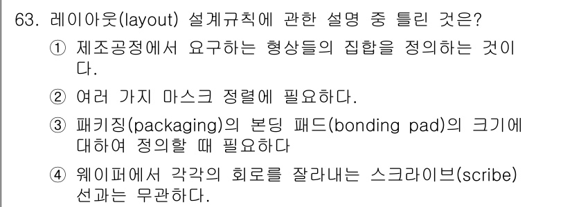 반도체커스텀레이아웃산업기사 2019년 63번 - 레이아웃 설계에서 스크라이브(scribe) 선은 웨이퍼의 절단을 위한 가... 에 관한 핵심 기출문제