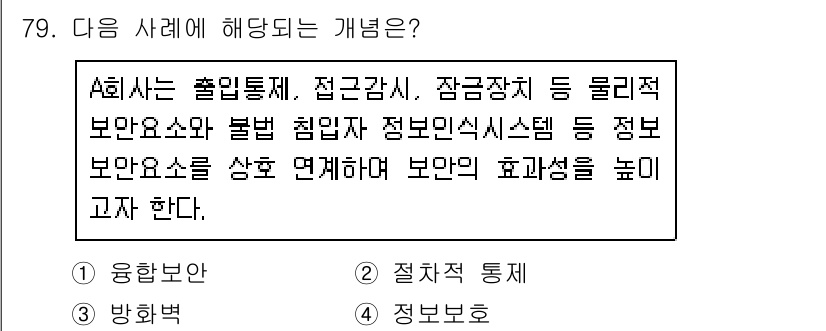 경비지도사_1차(법학개론,민간경비론) 2020년 79번 - 정답은 '1. 융합보안'입니다. A회사는 물리적 보안 요소와 정보 보안 ... 에 관한 핵심 기출문제