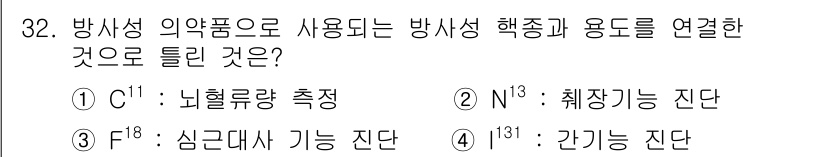 원자력기사 2015년 32번 - 방사성 의약품 중 I-131(아이오딘-131)은 갑상선 기능 진단에 주로... 에 관한 핵심 기출문제