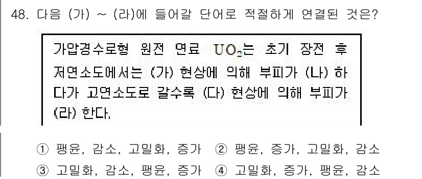 원자력기사 2015년 48번 - 주어진 문제에서 '가압경수형 원전 연료 UO₂'의 초기 상태와 진행 상황... 에 관한 핵심 기출문제