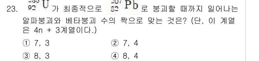 원자력기사 2016년 23번 - 문제는 방사성 붕괴를 다루고 있습니다. 주어진 조건에서 알파붕괴와 베타붕... 에 관한 핵심 기출문제