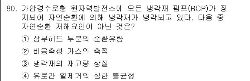 원자력기사 2017년 80번 - 주어진 문제에서 자연순환의 저해 요인은 냉각재의 흐름을 방해하는 요소를 ... 에 관한 핵심 기출문제