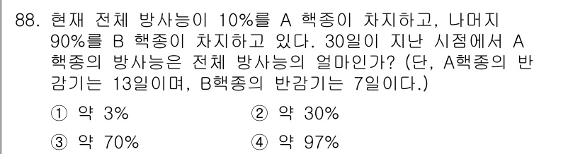 원자력기사 2018년 88번 - A 핵종의 방사능 누적 감소율을 계산하면, 30일 동안 A 핵종은 13일... 에 관한 핵심 기출문제