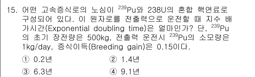원자력기사 2019년 15번 - 지수 배가 시간(Exponential doubling time)은 핵 연... 에 관한 핵심 기출문제
