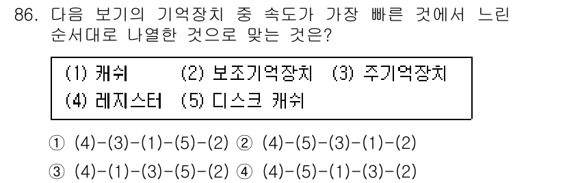 무선설비기사 2020년 86번 - 정답 '3'은 기억장치의 속도를 기준으로 나열한 결과입니다. 캐시(1)와... 에 관한 핵심 기출문제