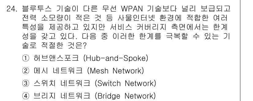 IoT지식능력검정 2016년 25번 - 블루투스 기술이 요구하는 저전력 및 소형 네트워크 특성에 가장 적합한 건... 에 관한 핵심 기출문제