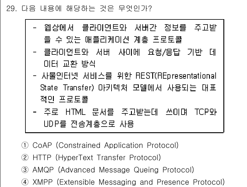 IoT지식능력검정 2016년 30번 - 위 내용은 클라이언트와 서버 간의 정보 교환 방법 및 HTTP 프로토콜과... 에 관한 핵심 기출문제